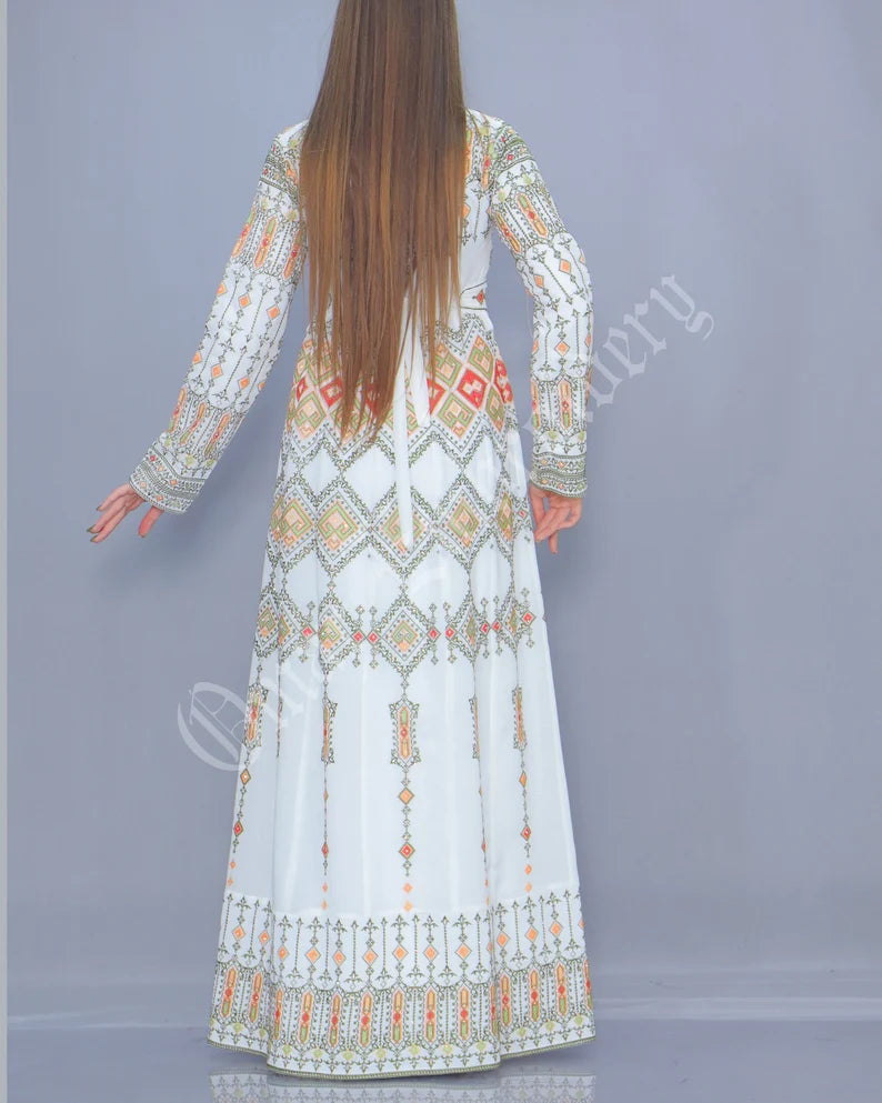 Thobe Embroidered Palestinian White Maxi Dress Long Sleeves Multicolor Stitches