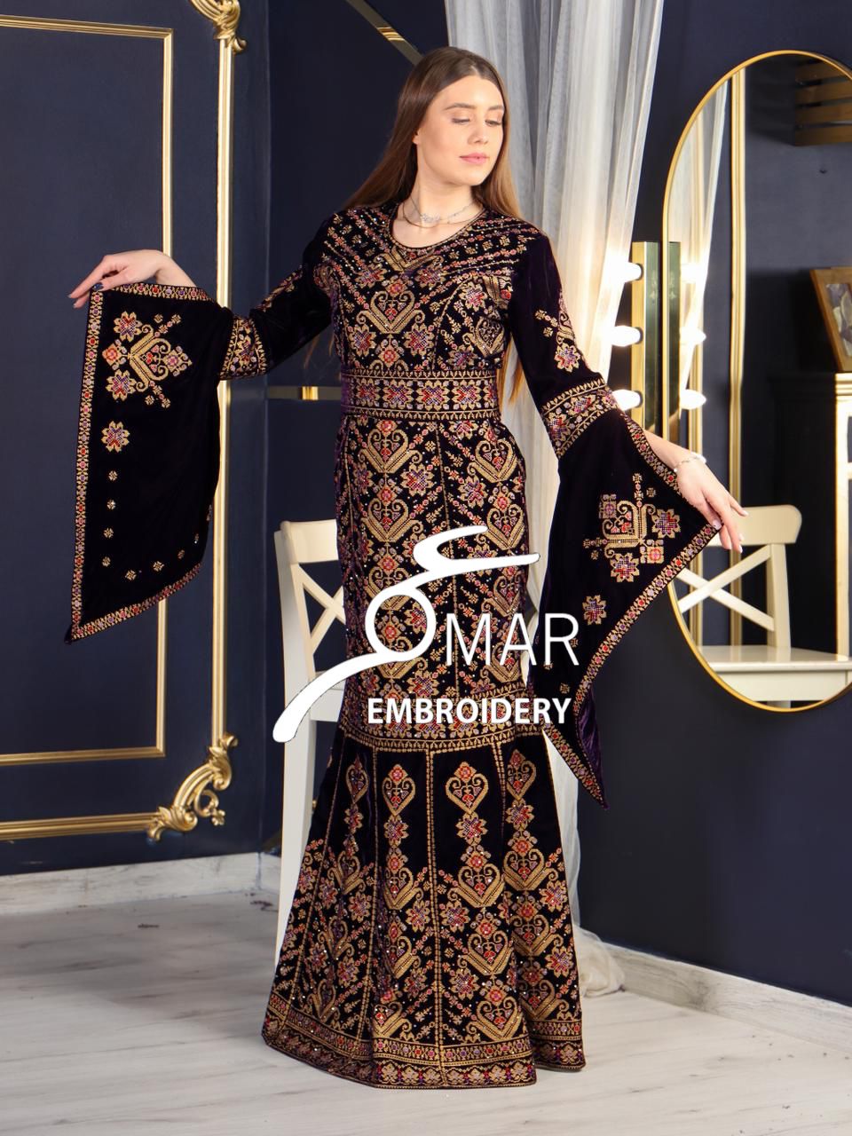 Purple Luxury Mermaid Gold Embroidery Velvet Thoub