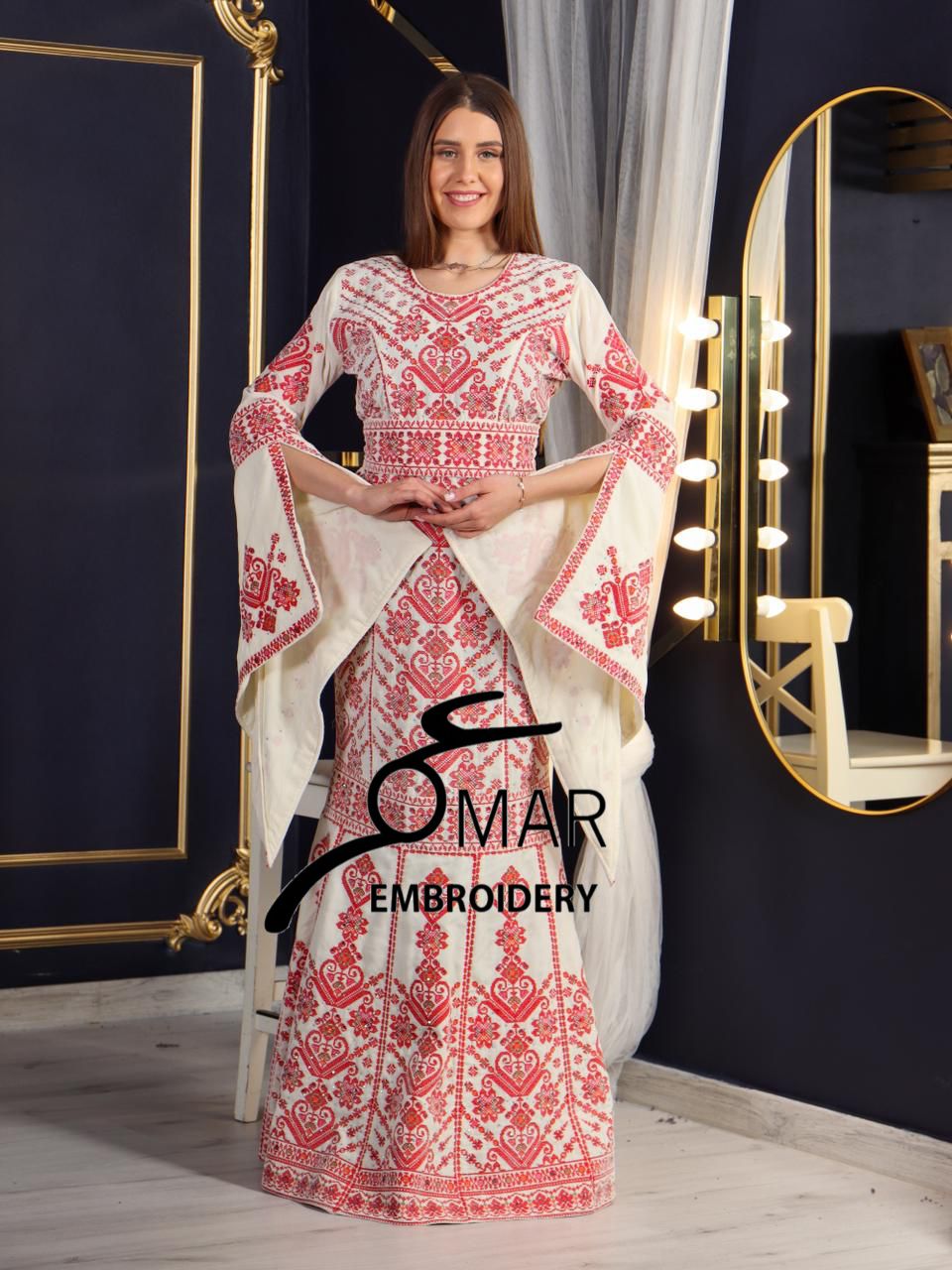Cream Luxury Mermaid Red Embroidery Velvet Thoub