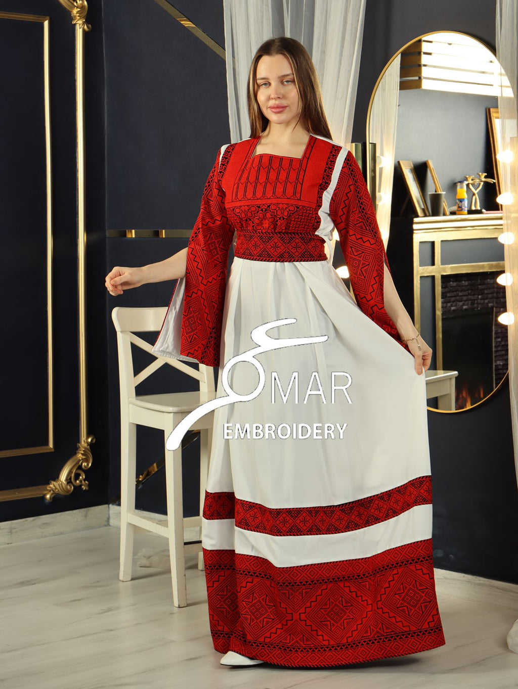 Opened Sleeve Simple Tatreez Elegant Embroidered Multicolored Dress