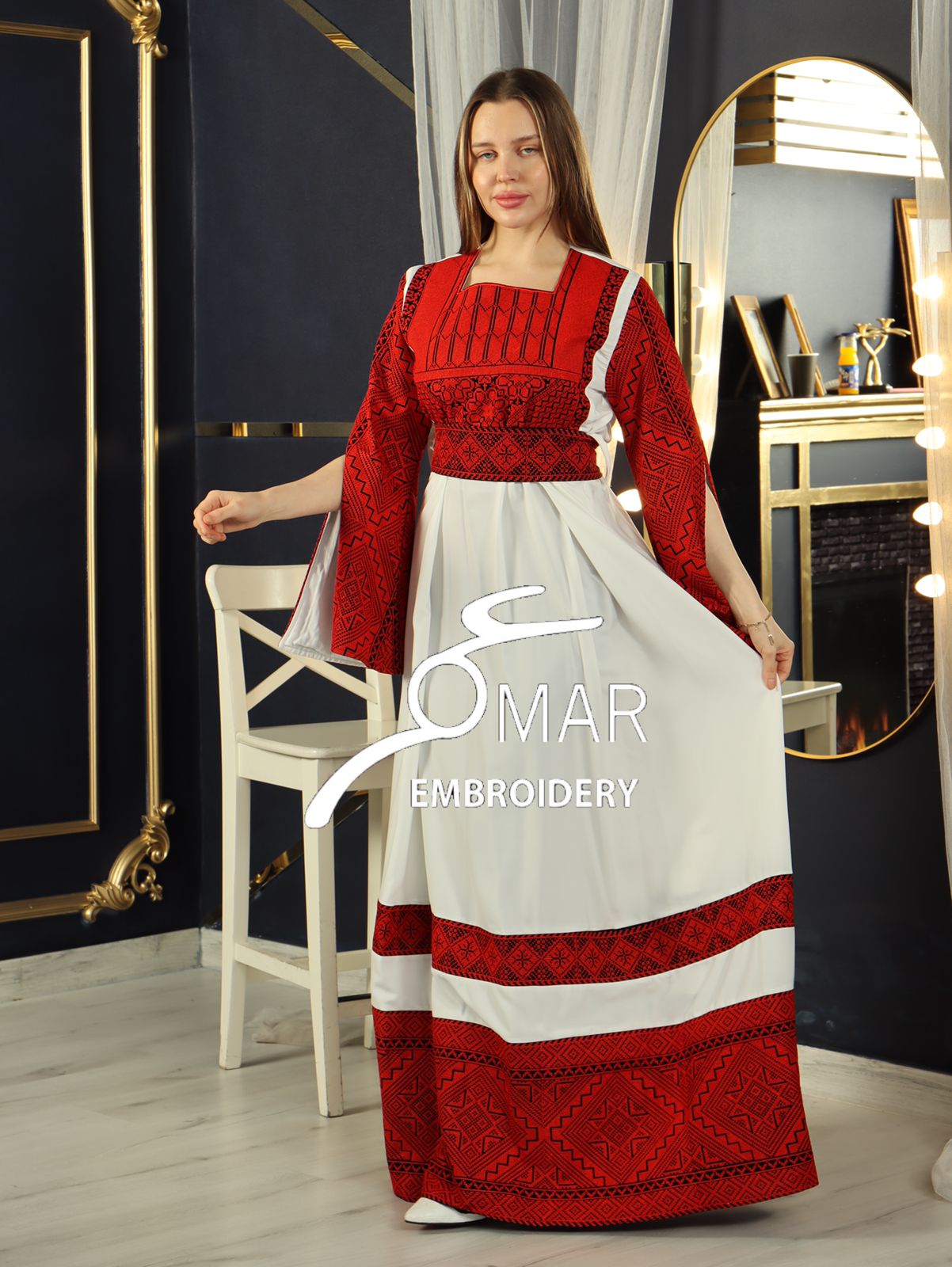 Opened Sleeve Simple Tatreez Elegant Embroidered Multicolored Dress