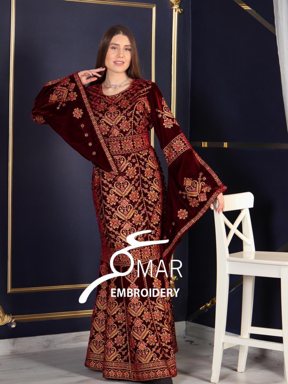 Maroon Luxury Mermaid Embroidery Velvet Thoub
