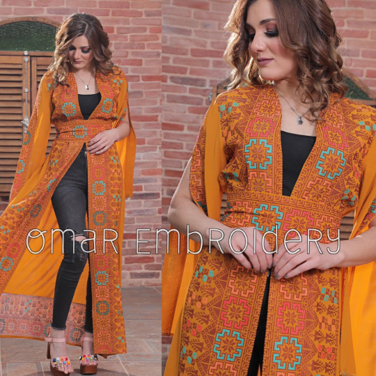 Palestinian Wedding Bisht Fringe Hem Embroidered Open Abaya