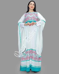 Thobe Embroidered Palestinian White Maxi Dress Long Sleeves Red Stitches