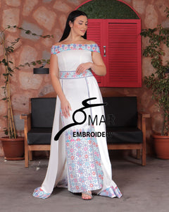 White Off Shoulder Floral Embroidered Overskirt Long Dress