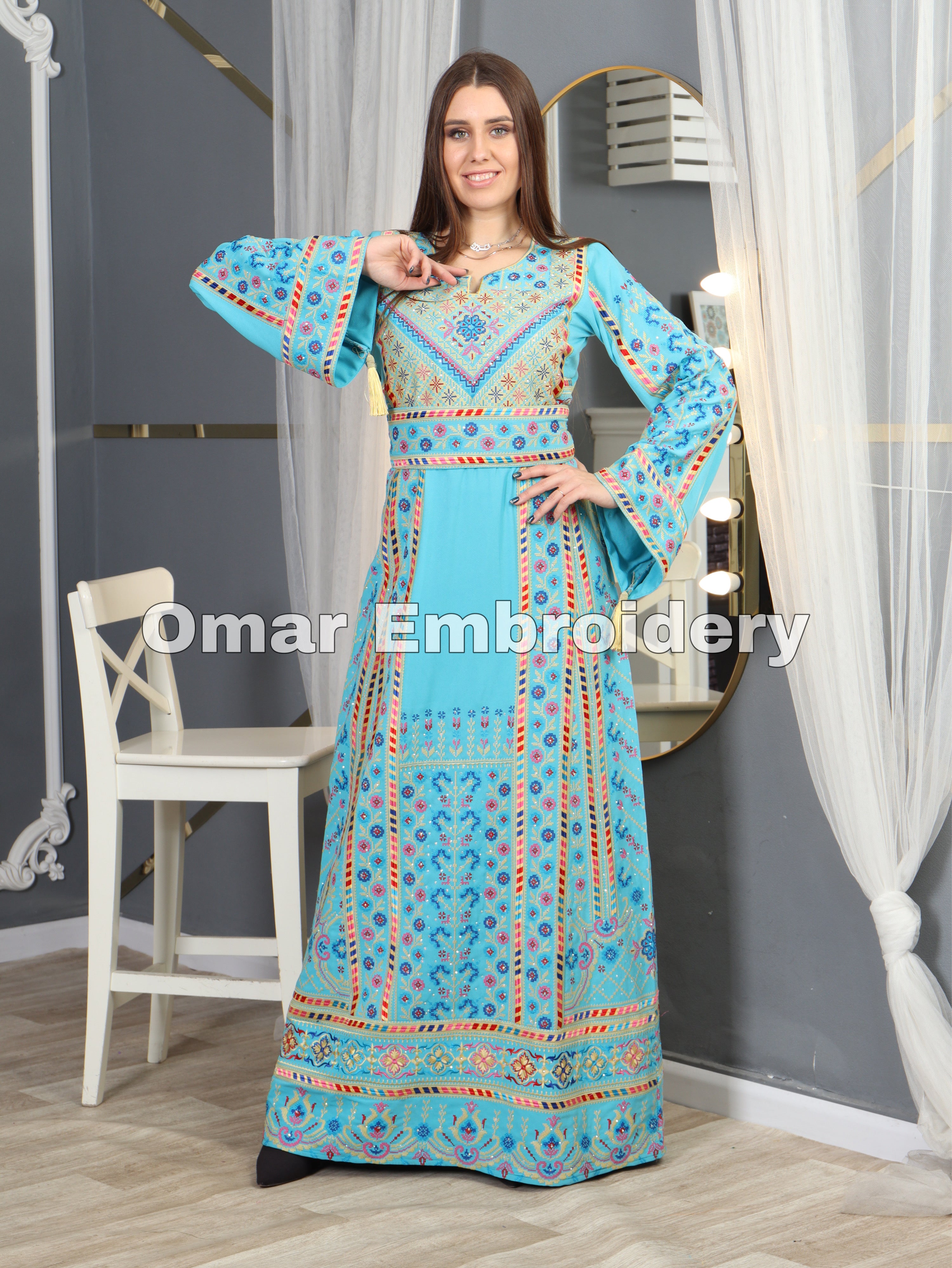 Turquoise Traditional Embroidery Thoub Stone Wide Sleeve Elegant