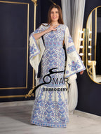 Cream Luxury Mermaid Blue Embroidery Velvet Thoub