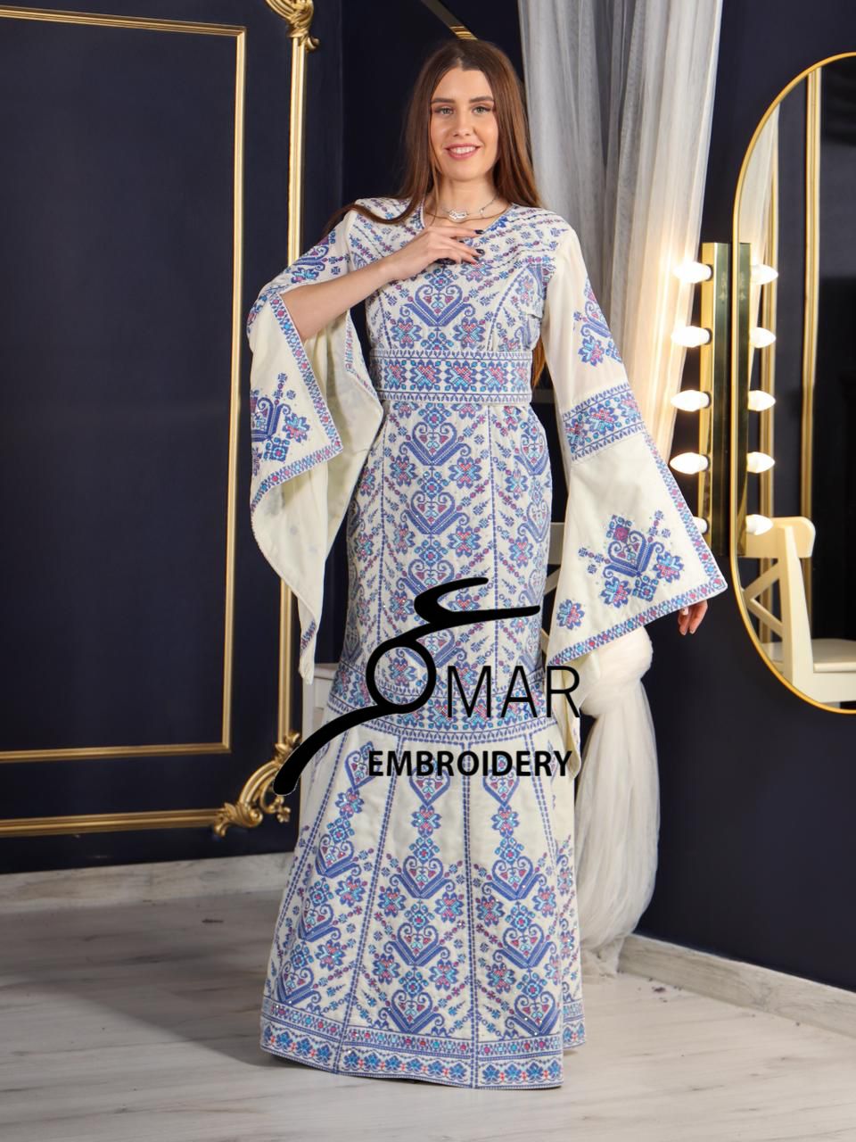 Cream Luxury Mermaid Blue Embroidery Velvet Thoub