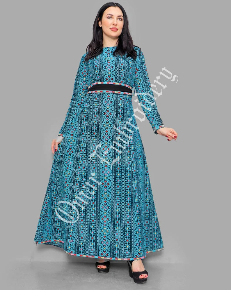 Thobe Embroidered Palestinian Maxi Dress Long Sleeves Red Stitches