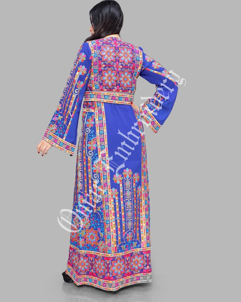 Thobe Embroidered Palestinian Maxi Dress Long Sleeves Red Stitches