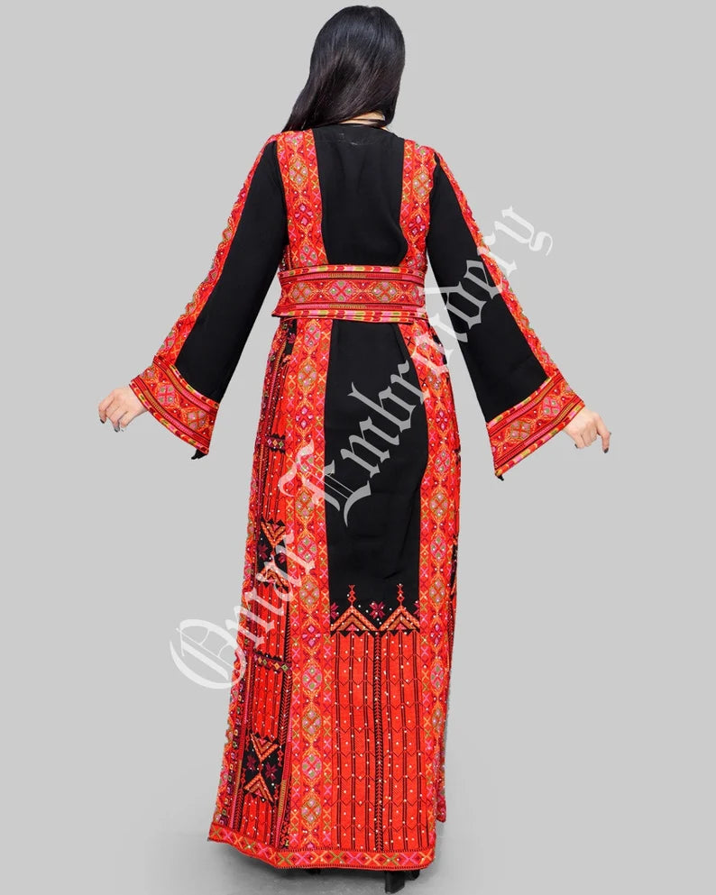 Thobe Embroidered Palestinian Maxi Dress Long Sleeves Red Stitches