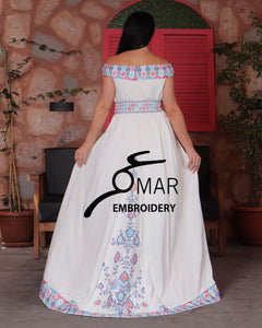 White Off Shoulder Floral Embroidered Overskirt Long Dress