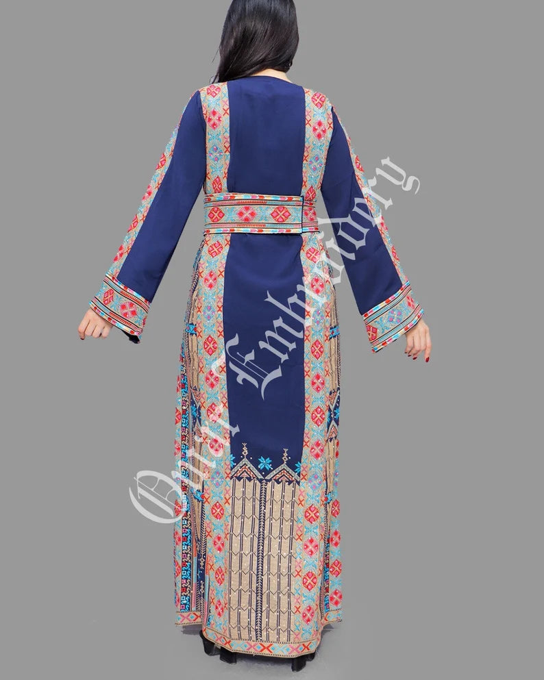 Thobe Embroidered Palestinian Maxi Dress Long Sleeves Red Stitches
