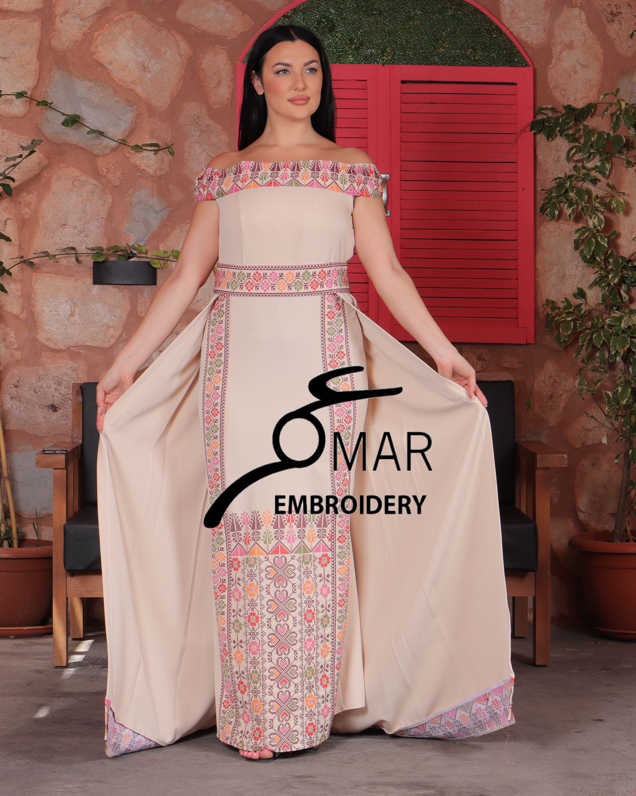 White Off Shoulder Floral Embroidered Overskirt Long Dress