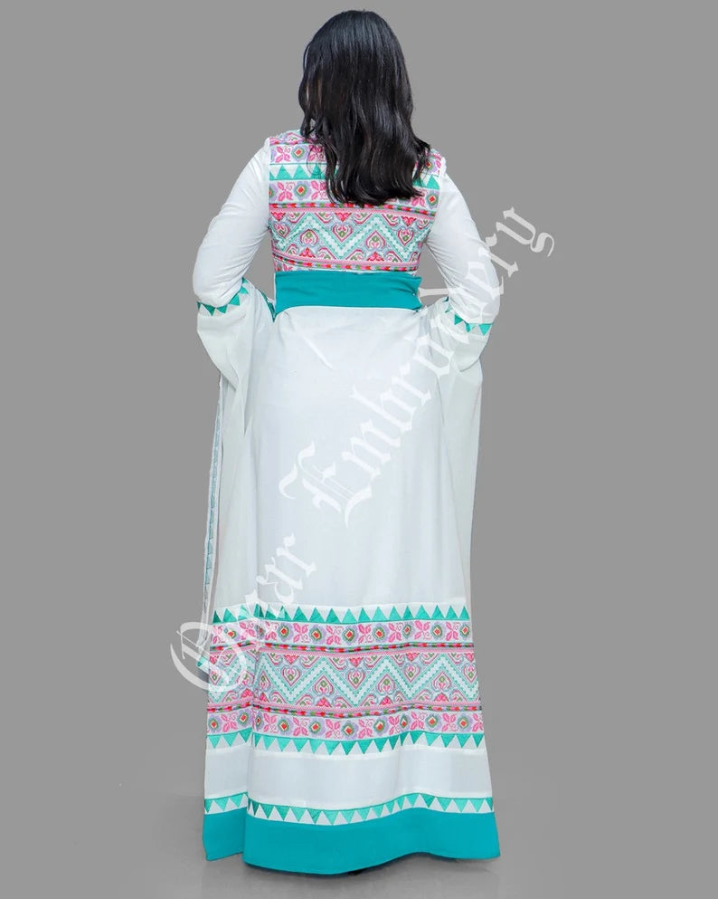 Thobe Embroidered Palestinian White Maxi Dress Long Sleeves Red Stitches