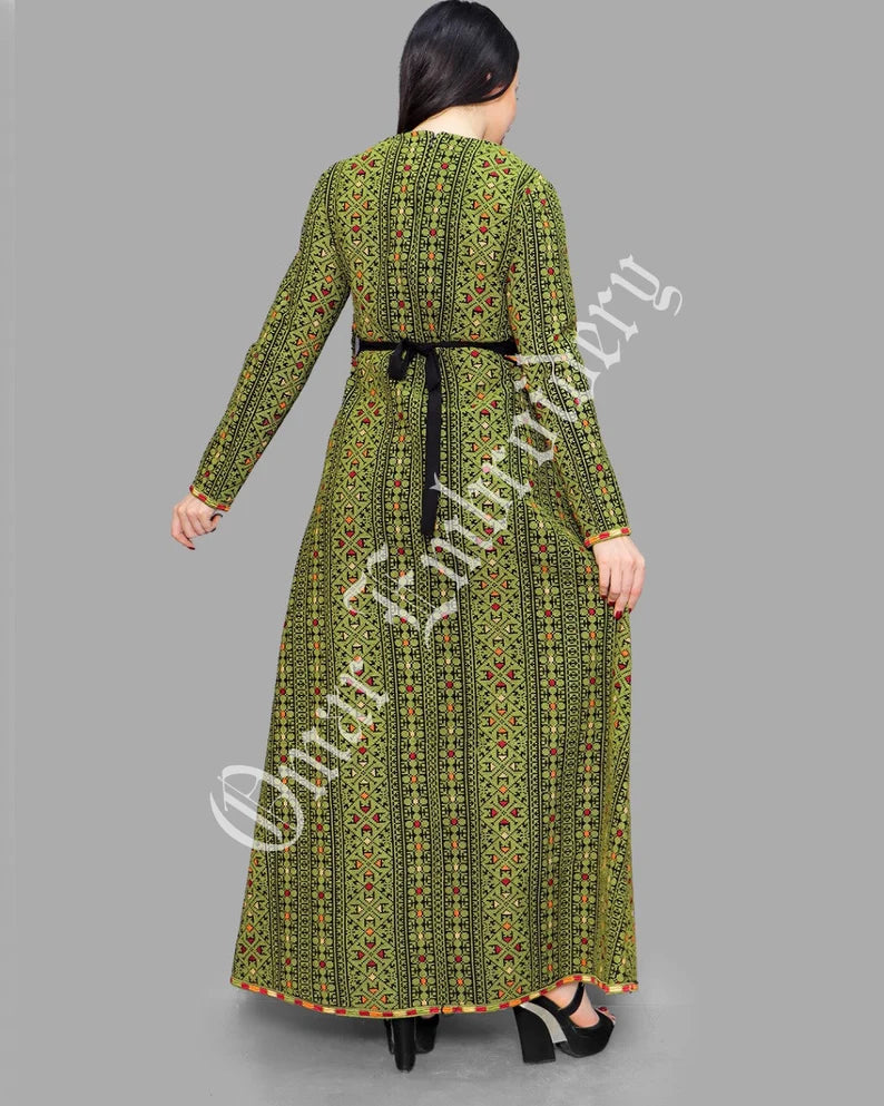 Thobe Embroidered Palestinian Maxi Dress Long Sleeves Red Stitches