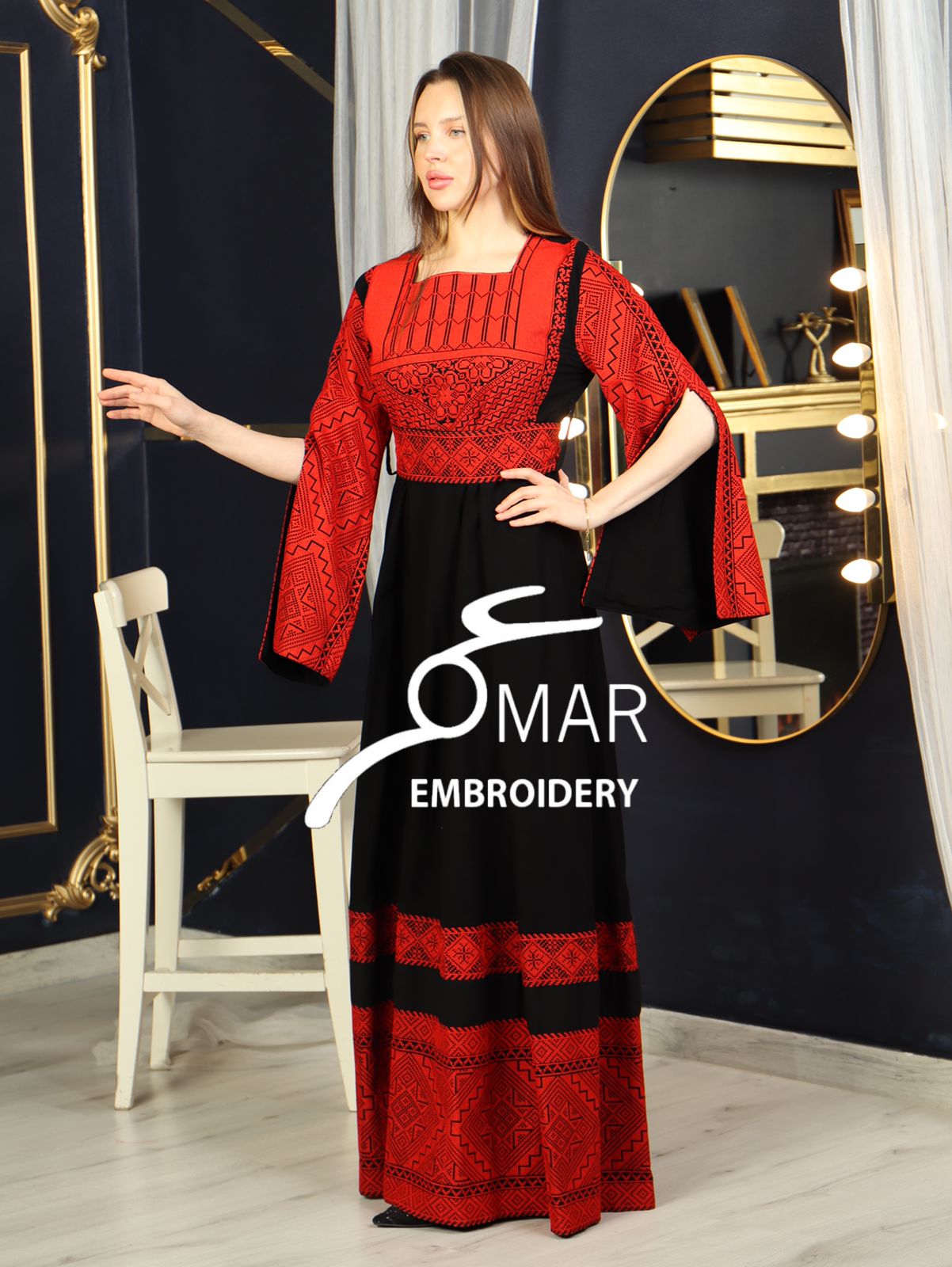 Opened Sleeve Simple Tatreez Elegant Embroidered Multicolored Dress