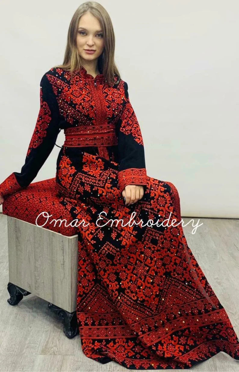 Thobe Embroidered Palestinian Maxi Dress Long Sleeves Kaftan Palestini OMAR Embroidery Thobe Embroidered Palestinian Maxi Dress Long Sleeves Kaftan Palestini OMAR Embroidery