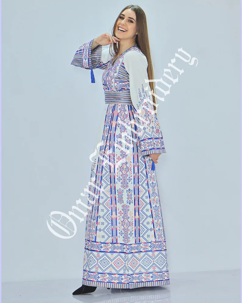 Thobe Embroidered Palestinian Maxi Dress Long Sleeves Palestinian Princess Style