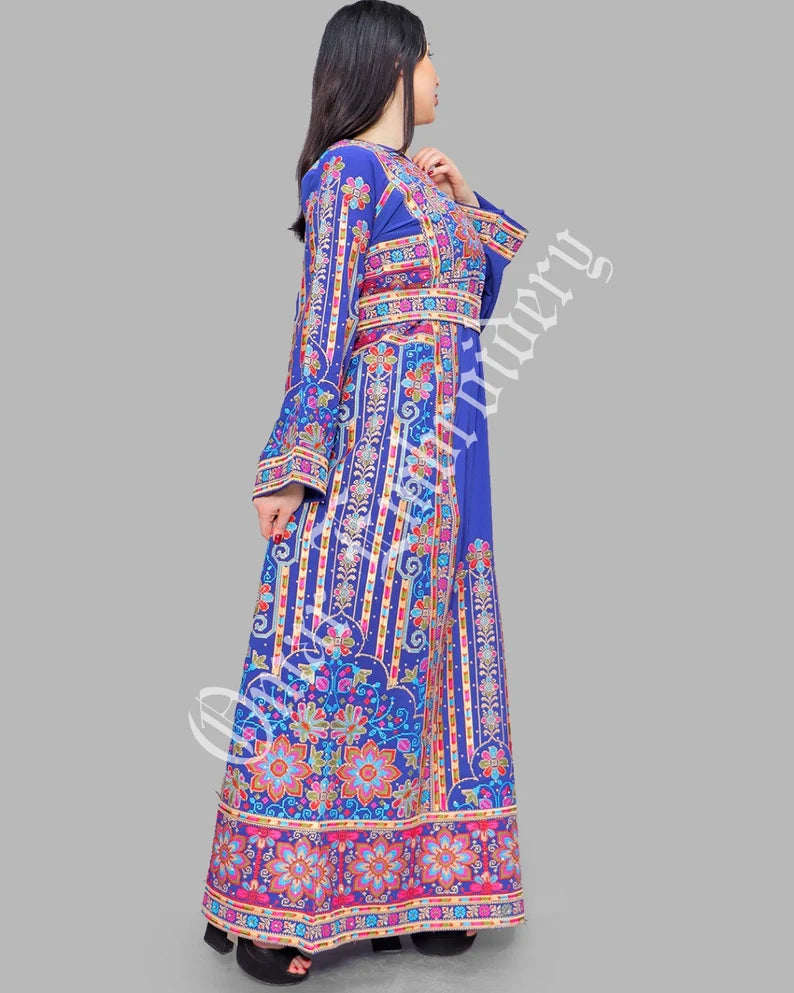 Thobe Embroidered Palestinian Maxi Dress Long Sleeves Red Stitches