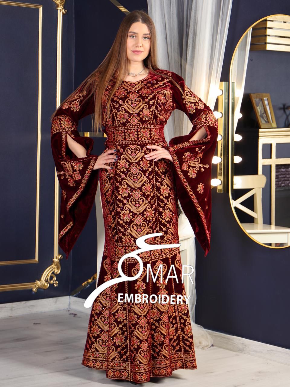Maroon Luxury Mermaid Embroidery Velvet Thoub