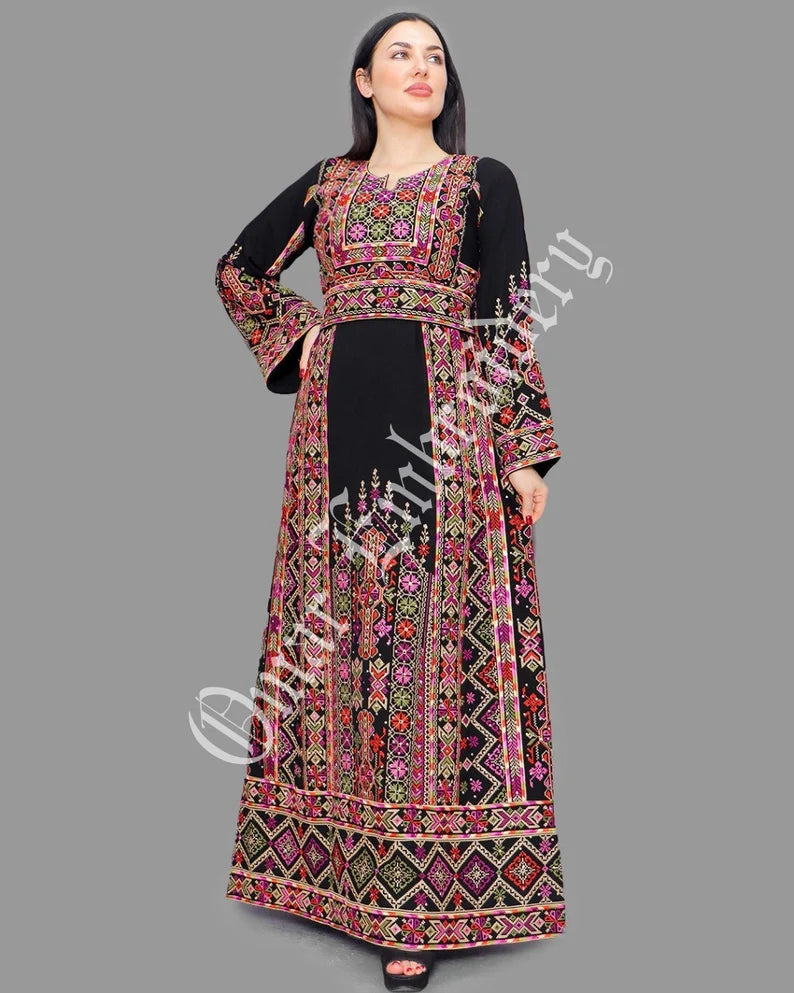 Thobe Embroidered Palestinian Maxi Dress Long Sleeves Red Stitches