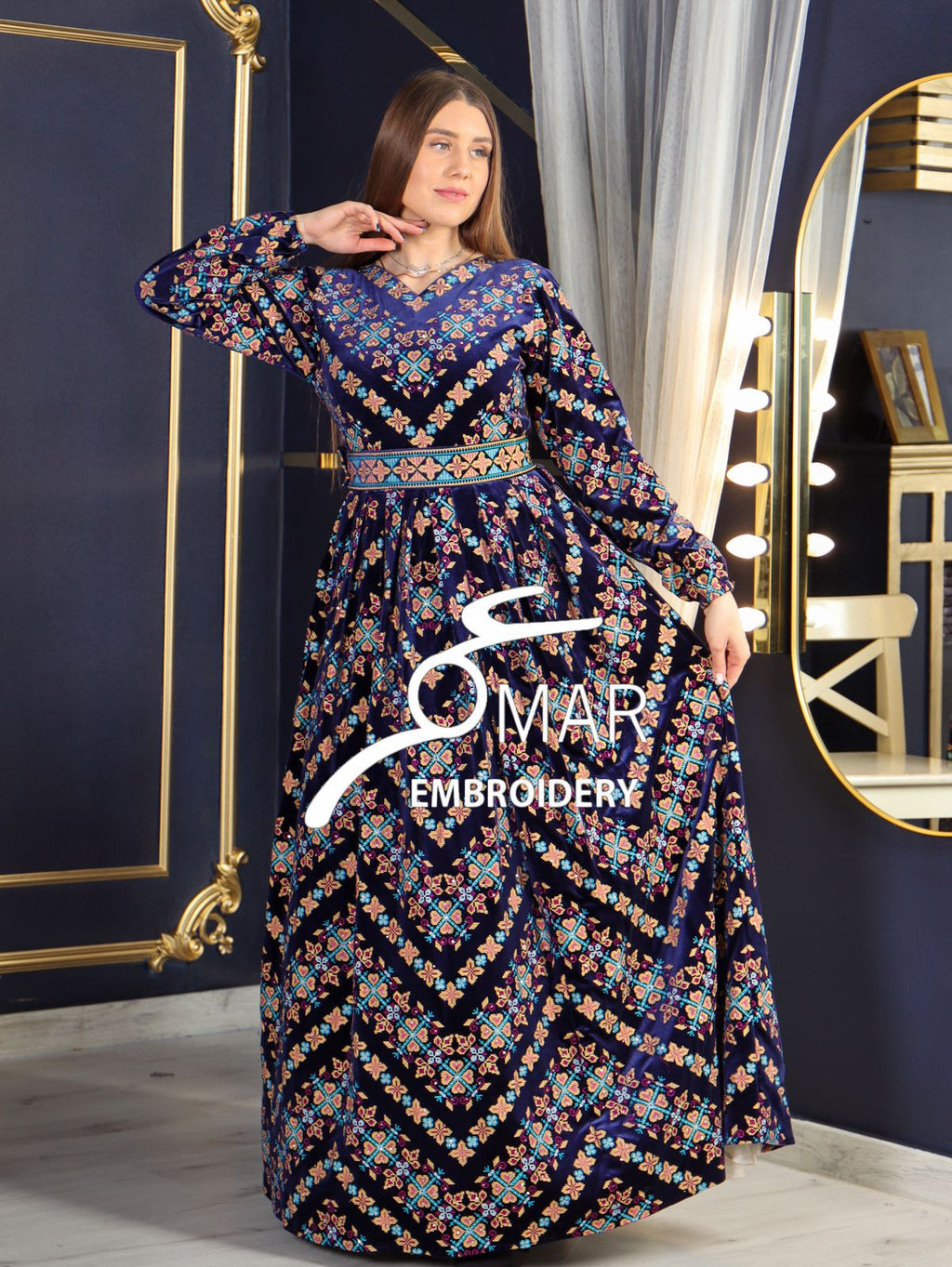 Blue Velvet Heavy Stitching Long Sleeve Fully Embroidery Thobe