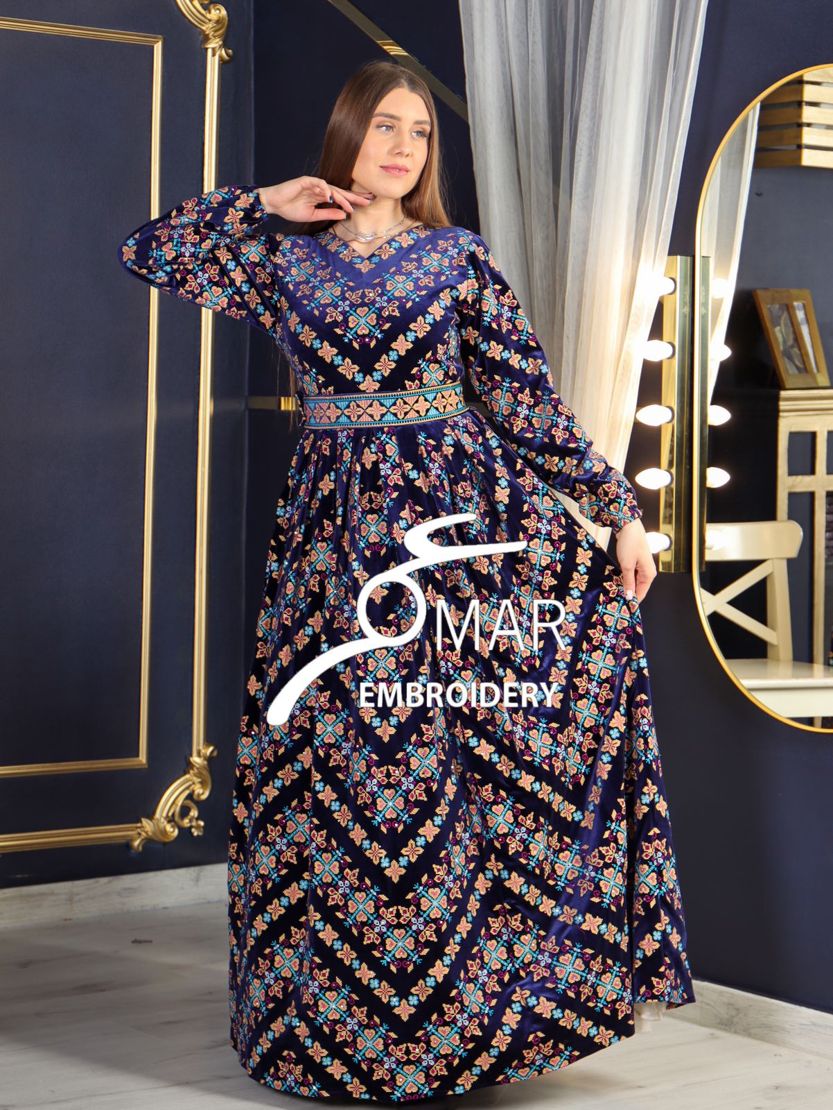 Blue Velvet Heavy Stitching Long Sleeve Fully Embroidery Thobe