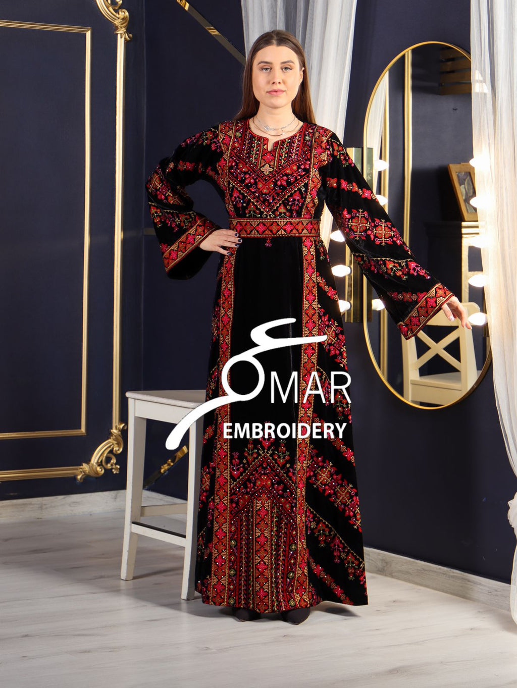 Simple Unique black Silk Velvet Beautiful Color Embroidery Thobe