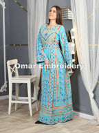 Turquoise Traditional Embroidery Thoub Stone Wide Sleeve Elegant