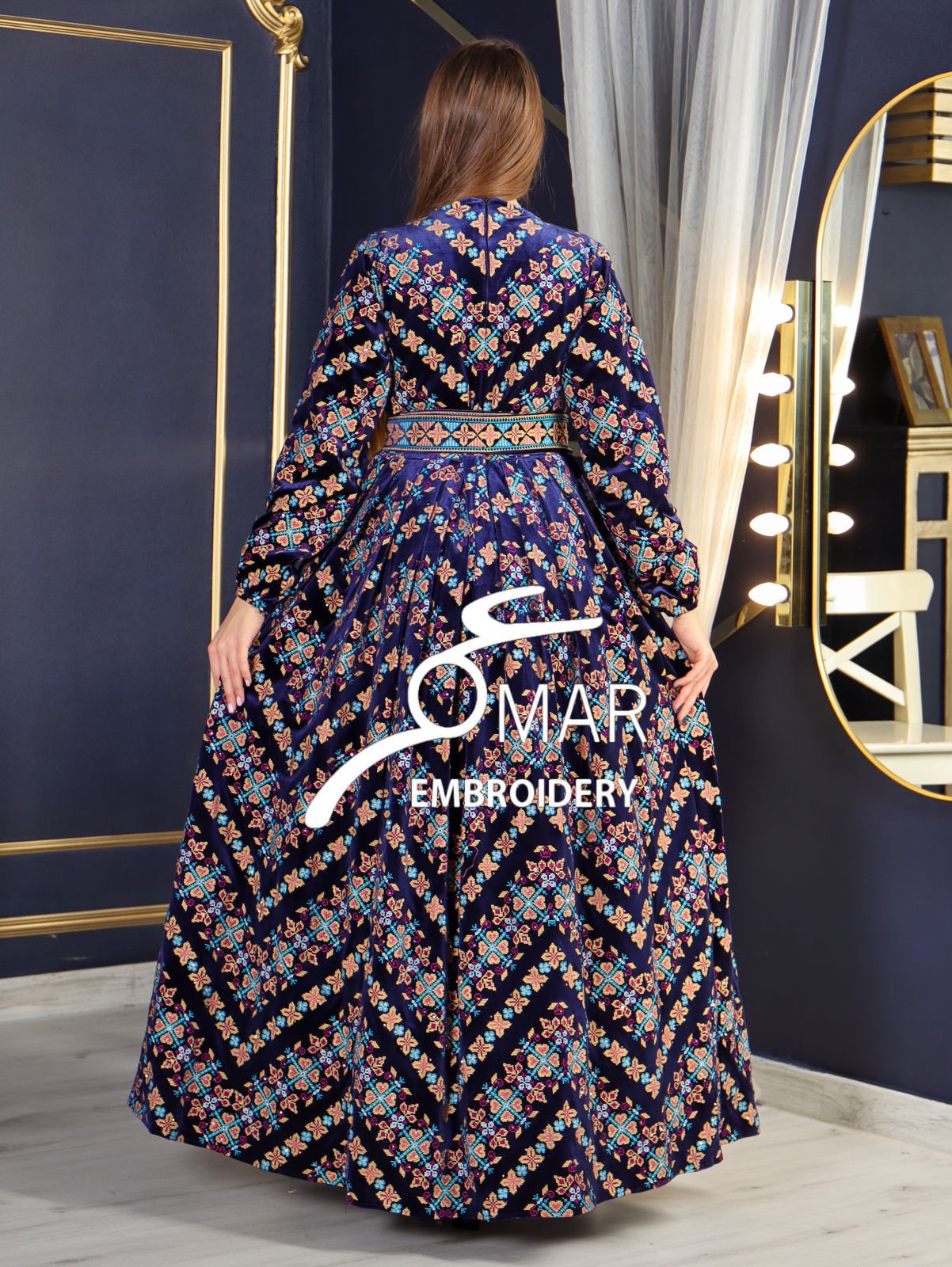 Blue Velvet Heavy Stitching Long Sleeve Fully Embroidery Thobe