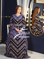 Blue Velvet Heavy Stitching Long Sleeve Fully Embroidery Thobe