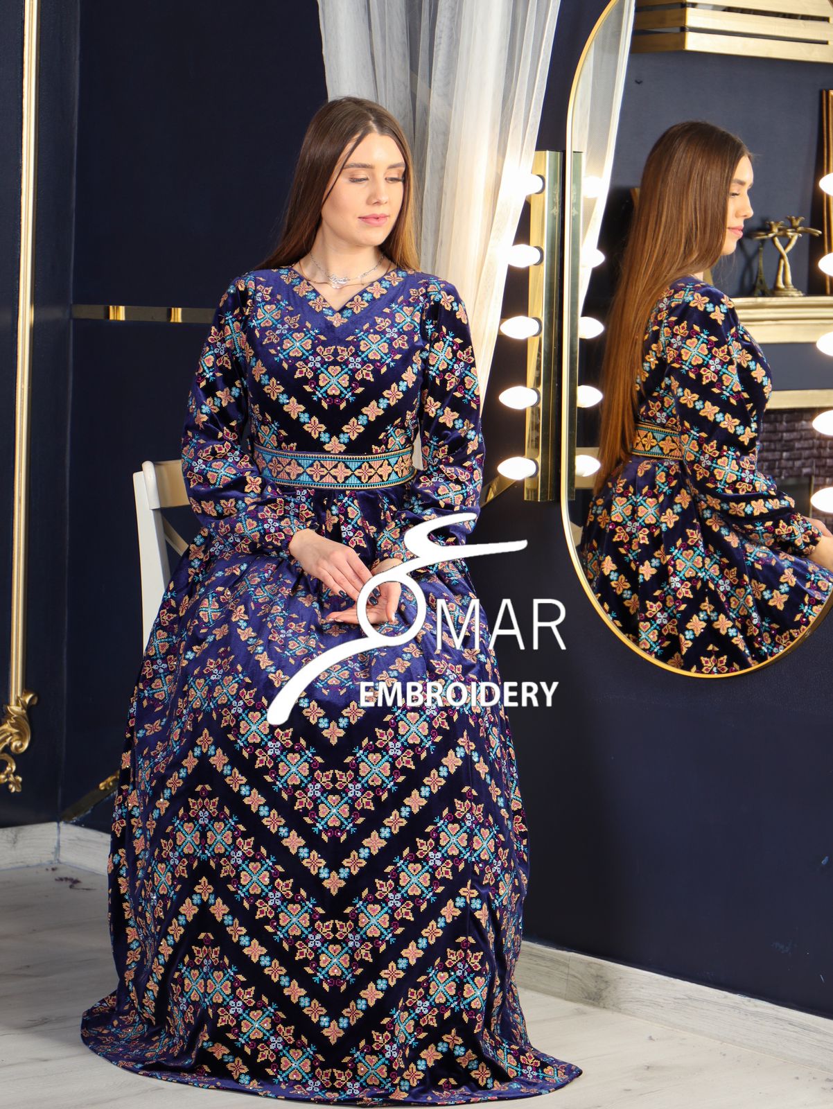 Blue Velvet Heavy Stitching Long Sleeve Fully Embroidery Thobe