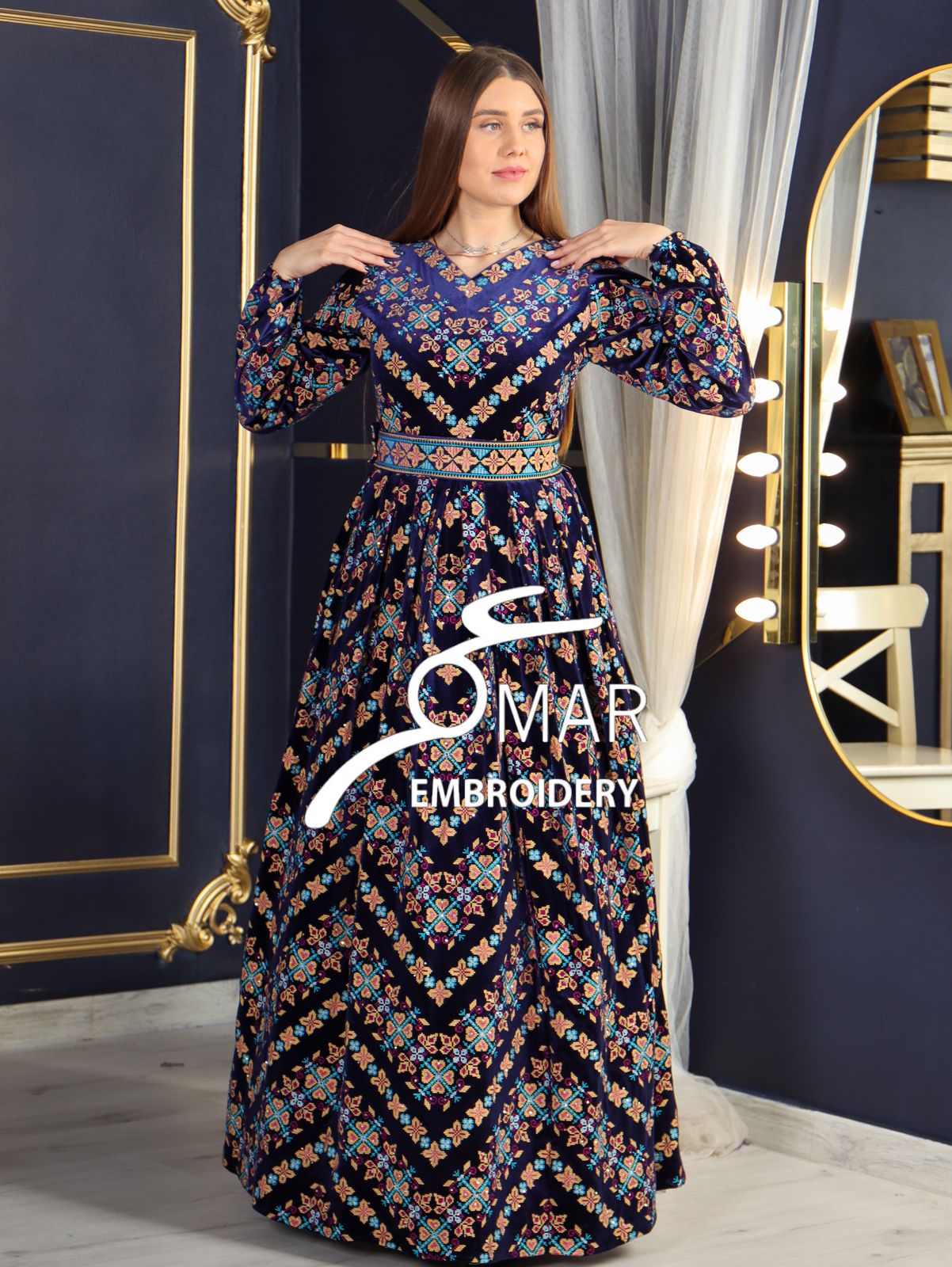 Blue Velvet Heavy Stitching Long Sleeve Fully Embroidery Thobe