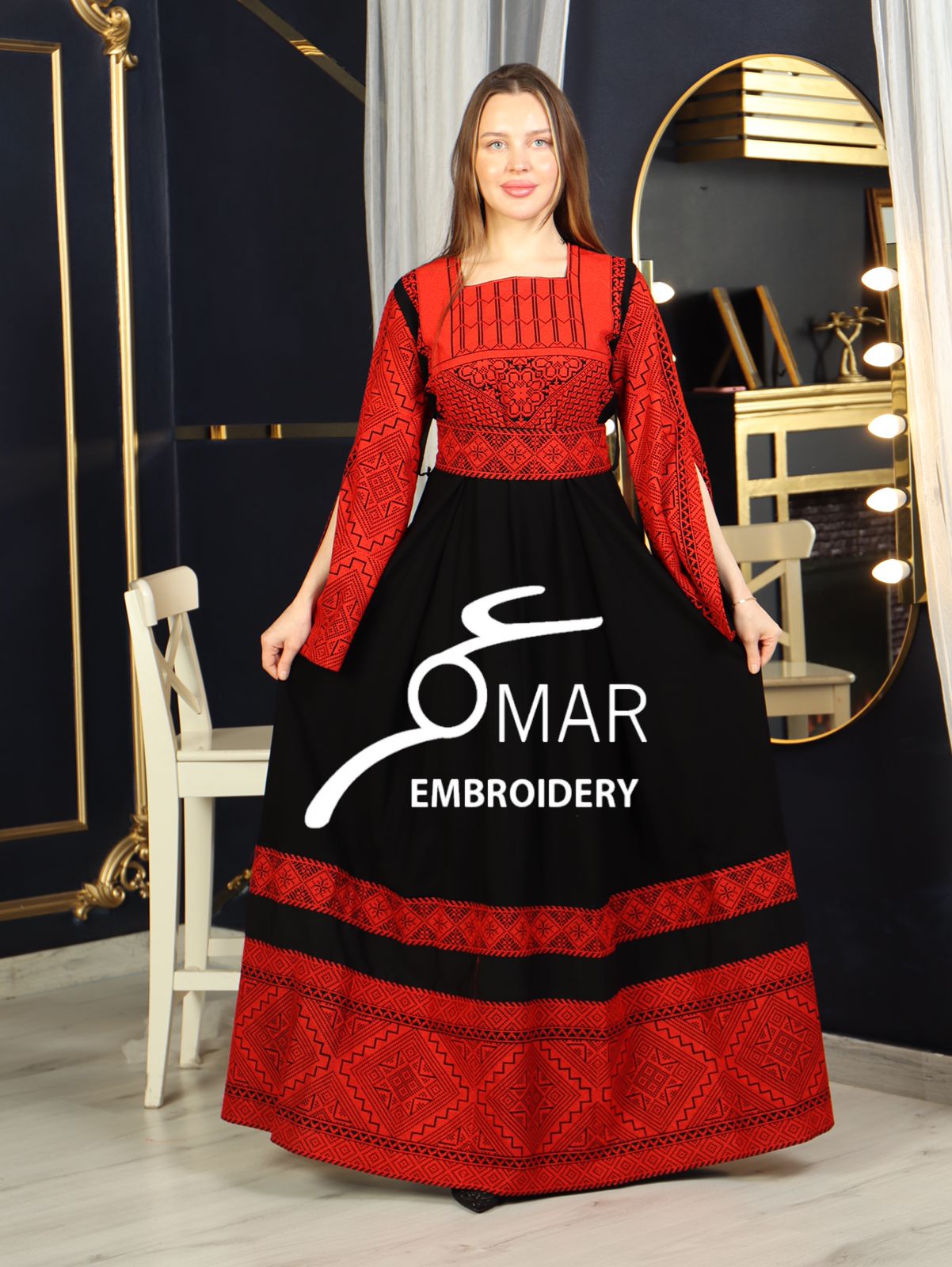 Opened Sleeve Simple Tatreez Elegant Embroidered Multicolored Dress