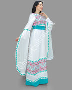 Thobe Embroidered Palestinian White Maxi Dress Long Sleeves Red Stitches
