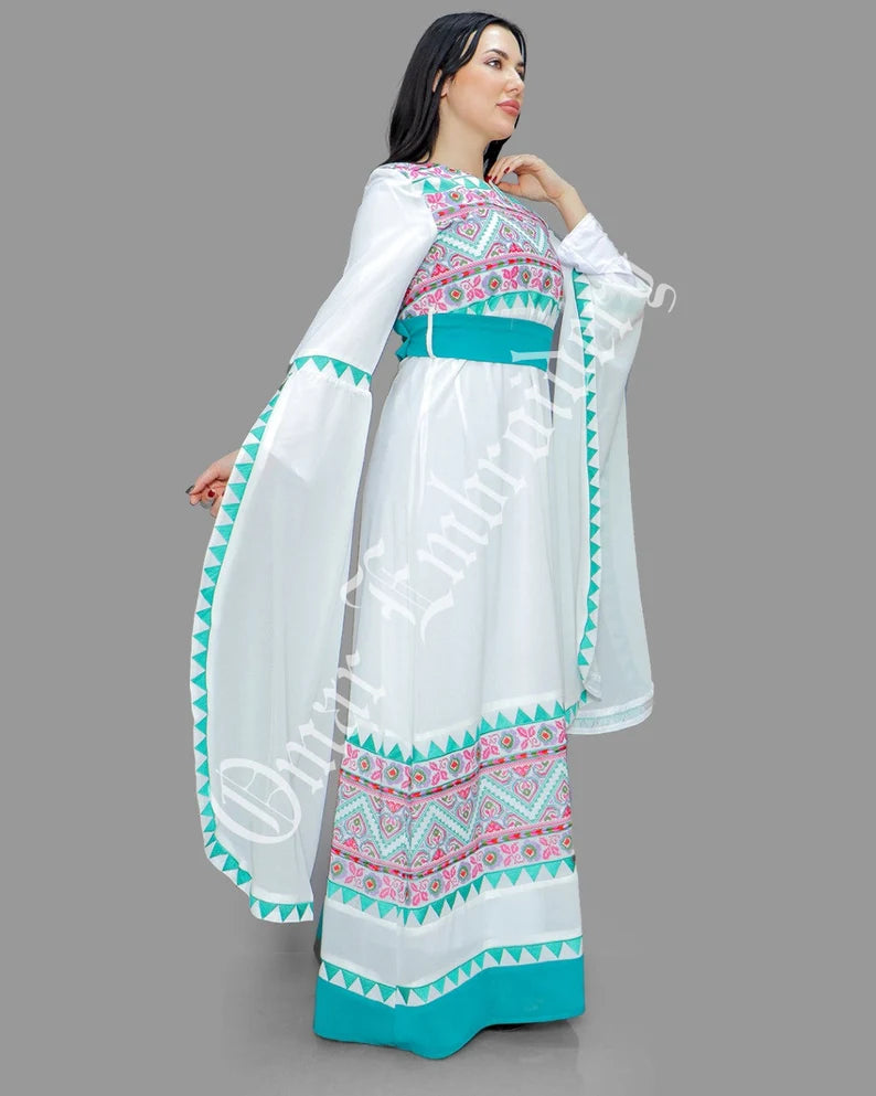Thobe Embroidered Palestinian White Maxi Dress Long Sleeves Red Stitches