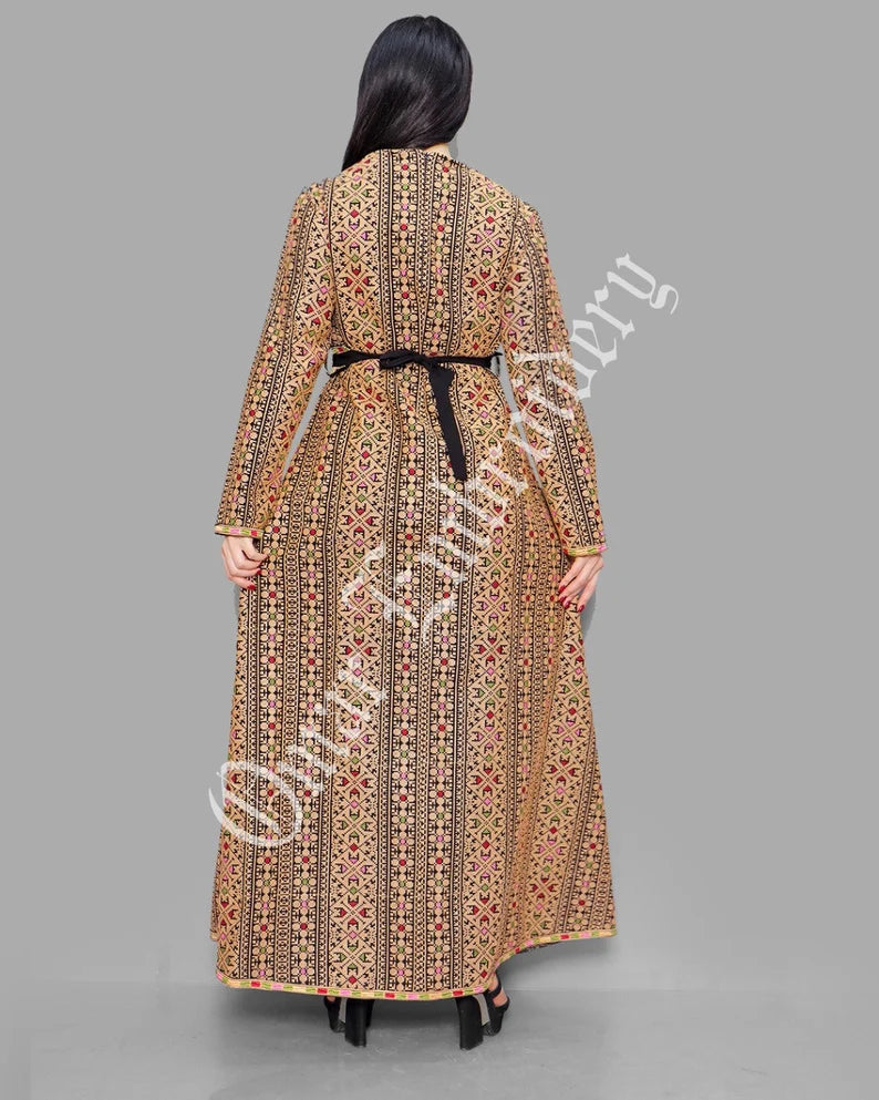 Thobe Embroidered Palestinian Maxi Dress Long Sleeves Red Stitches