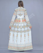 Thobe Embroidered Palestinian White Maxi Dress Long Sleeves Multicolor Stitches