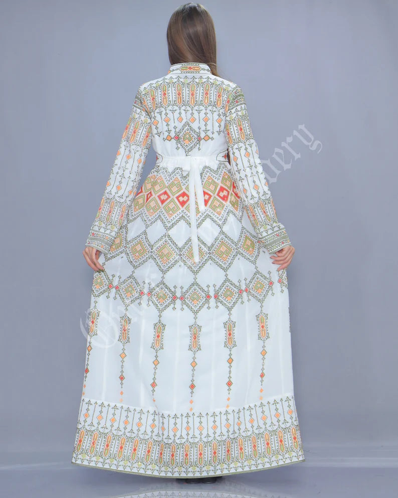 Thobe Embroidered Palestinian White Maxi Dress Long Sleeves Multicolor Stitches