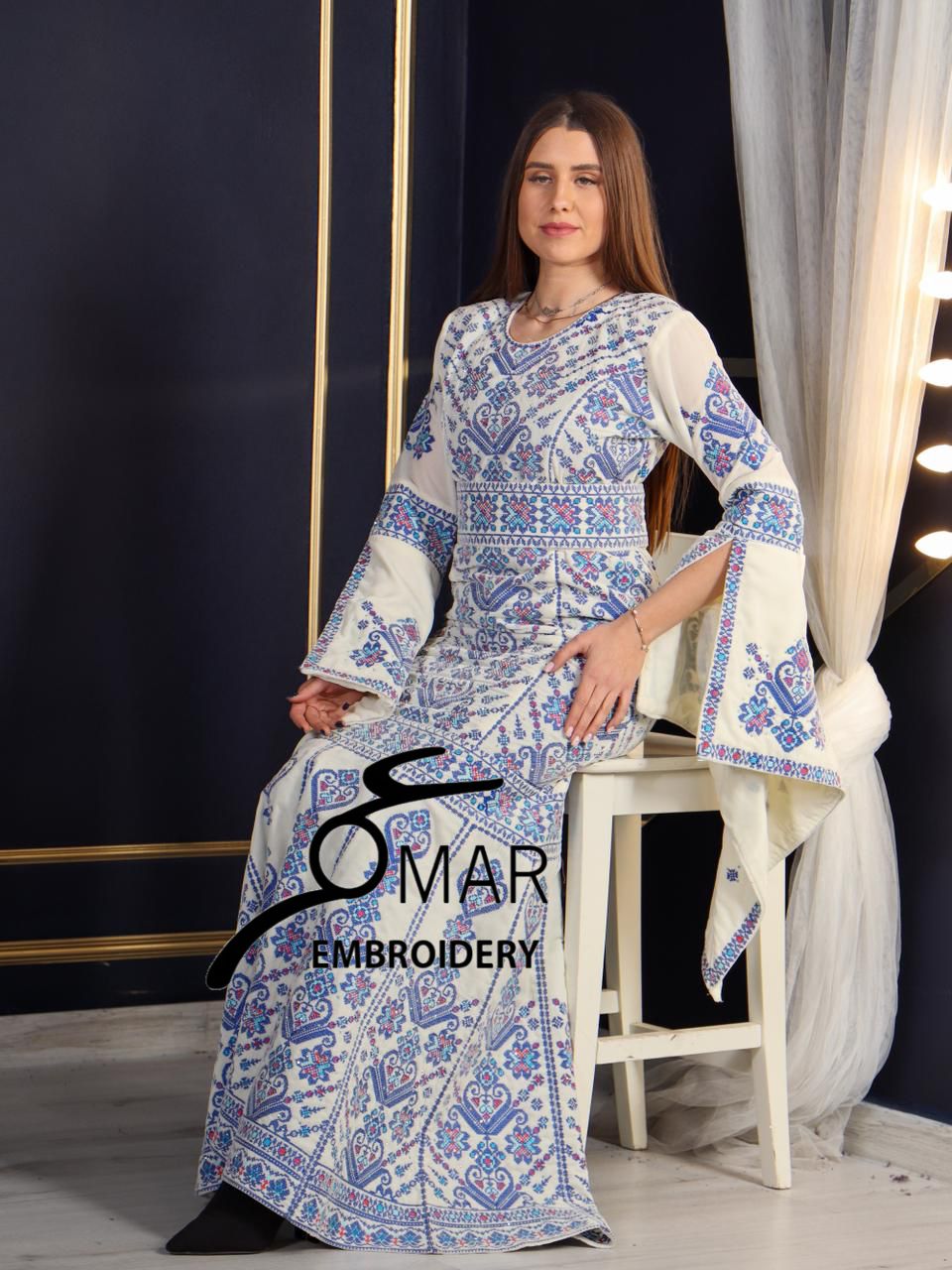 Cream Luxury Mermaid Blue Embroidery Velvet Thoub