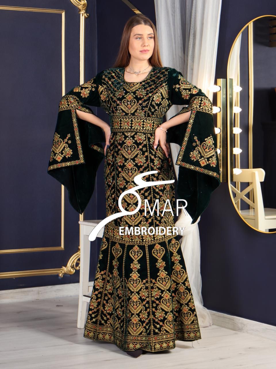 Green Luxury Mermaid Gold Embroidery Velvet Thoub
