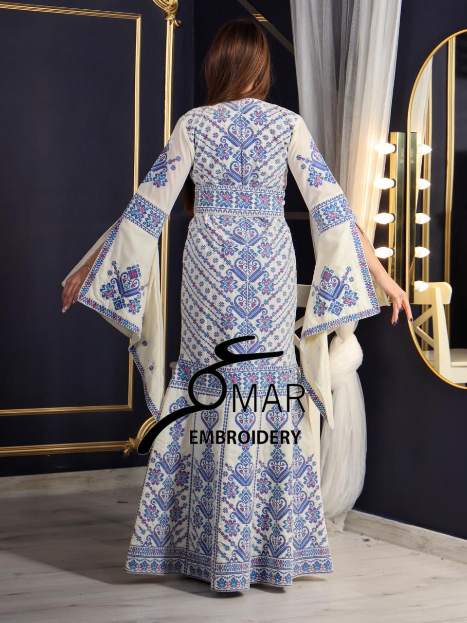 Cream Luxury Mermaid Blue Embroidery Velvet Thoub