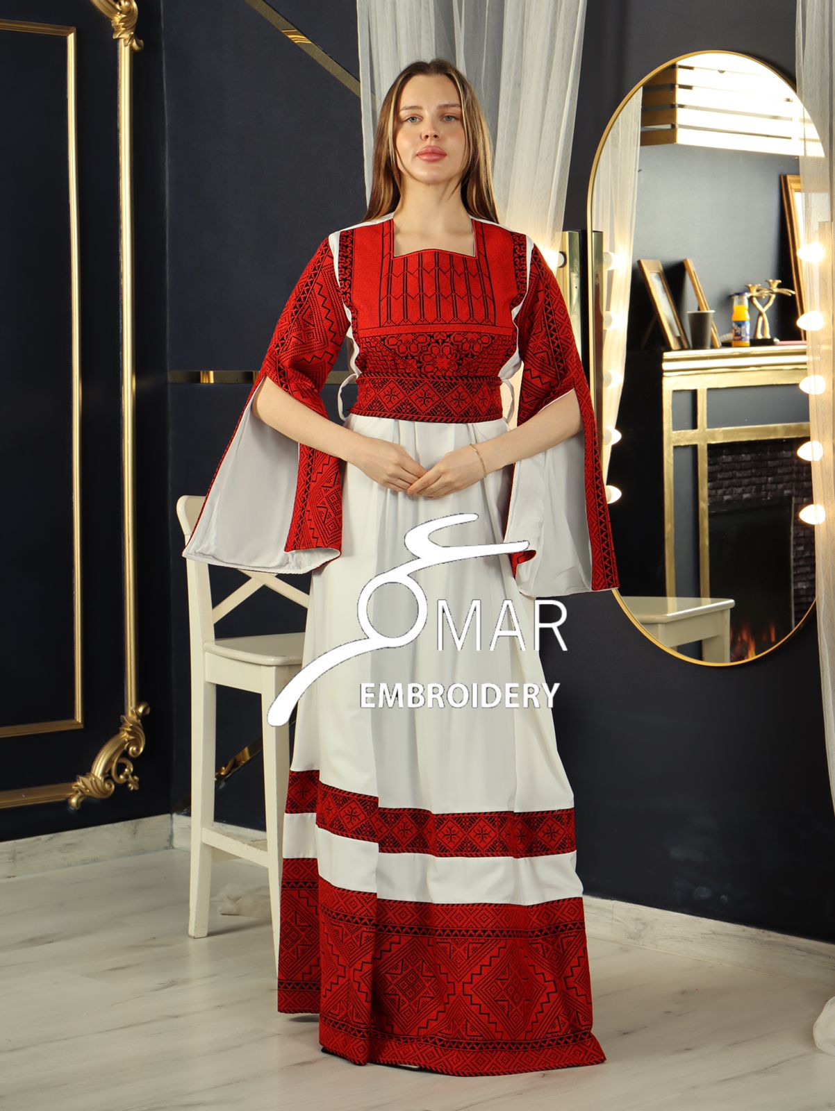 Opened Sleeve Simple Tatreez Elegant Embroidered Multicolored Dress