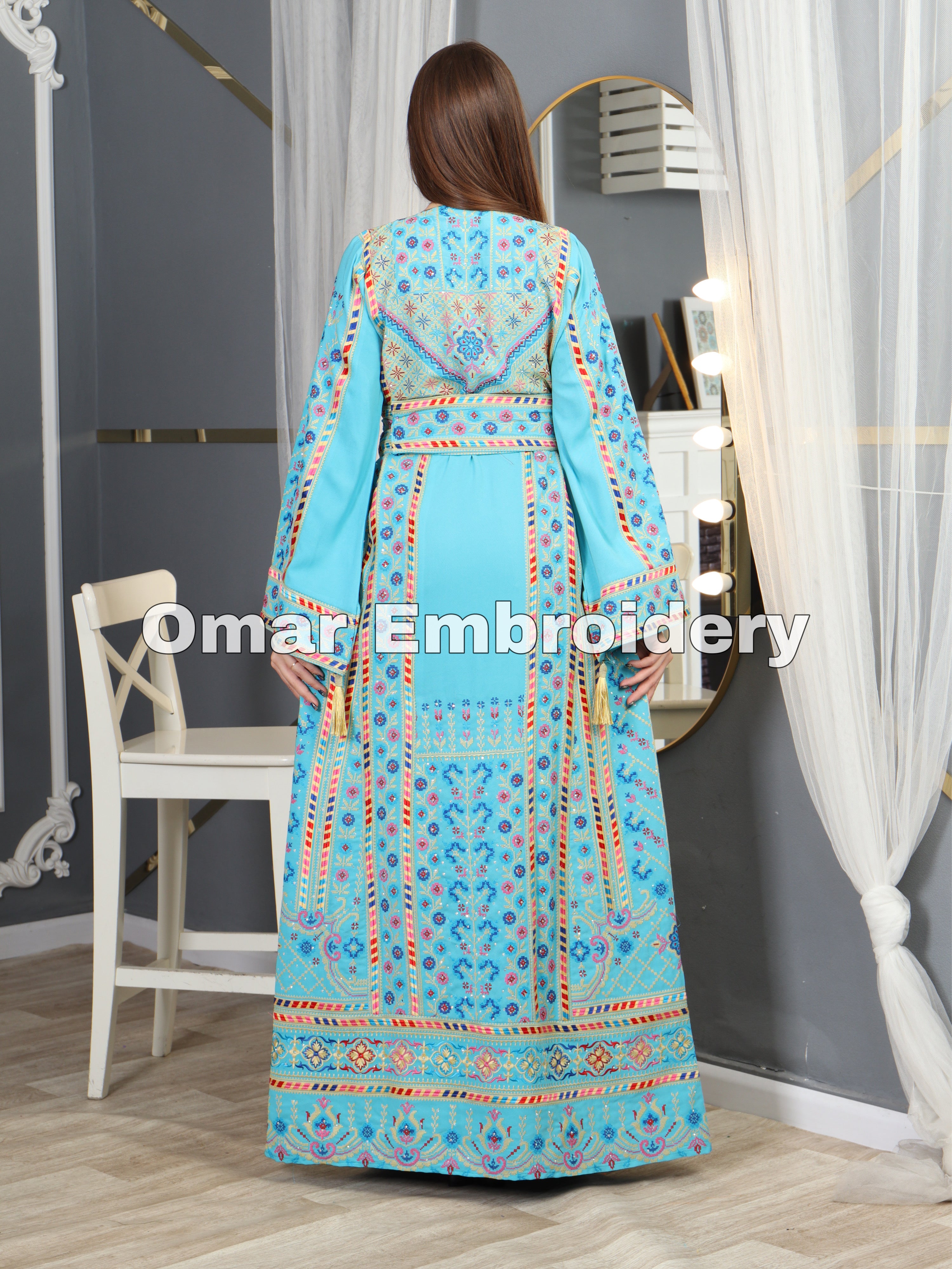 Turquoise Traditional Embroidery Thoub Stone Wide Sleeve Elegant