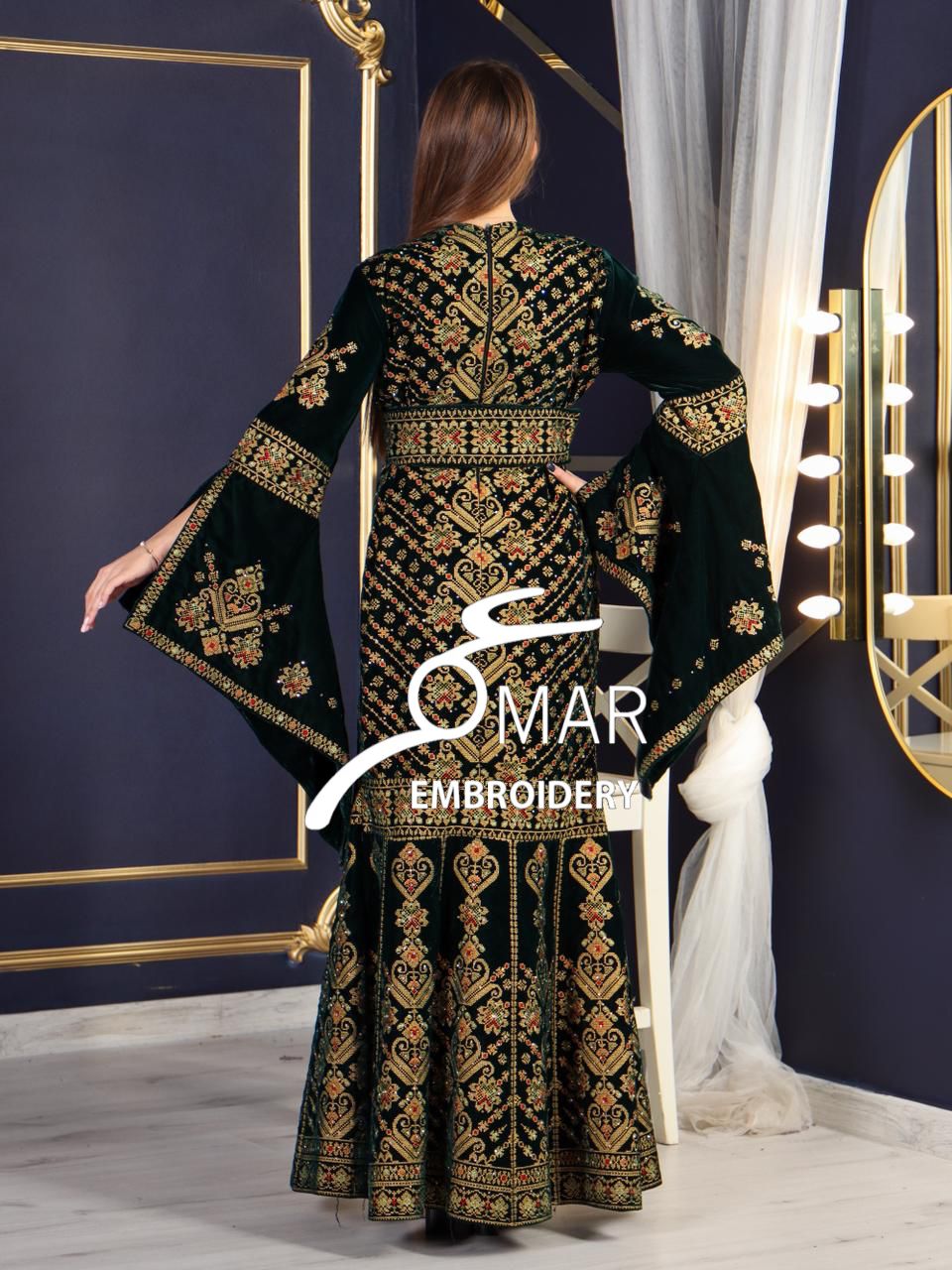 Green Luxury Mermaid Gold Embroidery Velvet Thoub