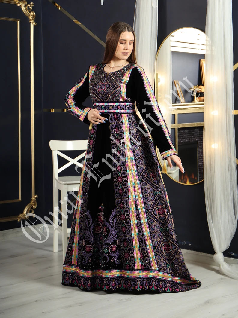 Thobe Embroidered Palestinian Maxi Dress Long Sleeves Velvet Princess Design And Embroidery