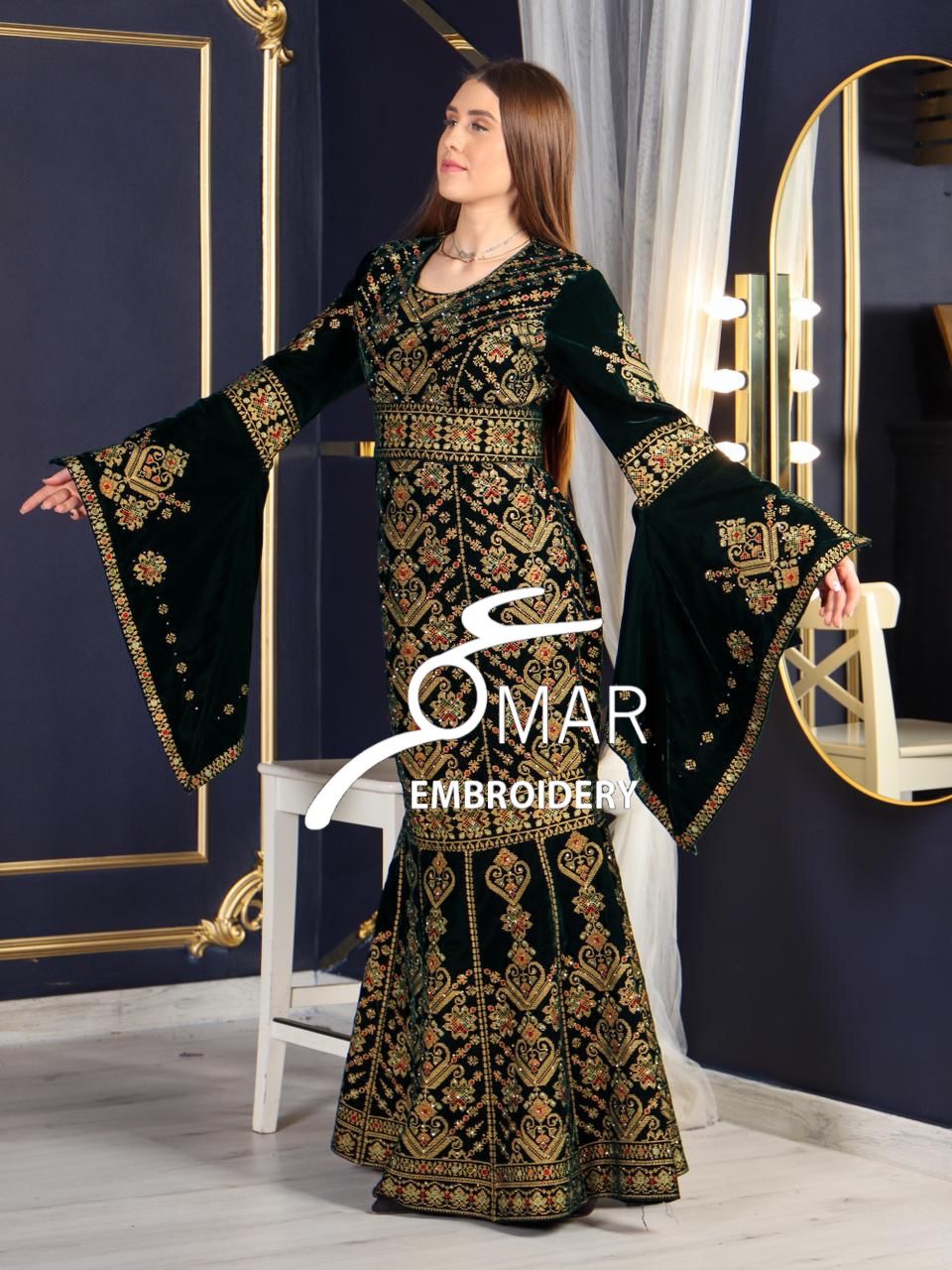 Green Luxury Mermaid Gold Embroidery Velvet Thoub