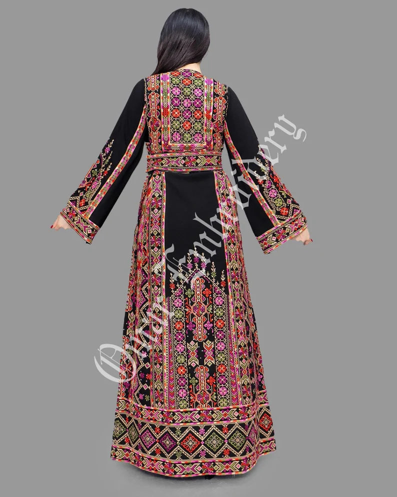 Thobe Embroidered Palestinian Maxi Dress Long Sleeves Red Stitches