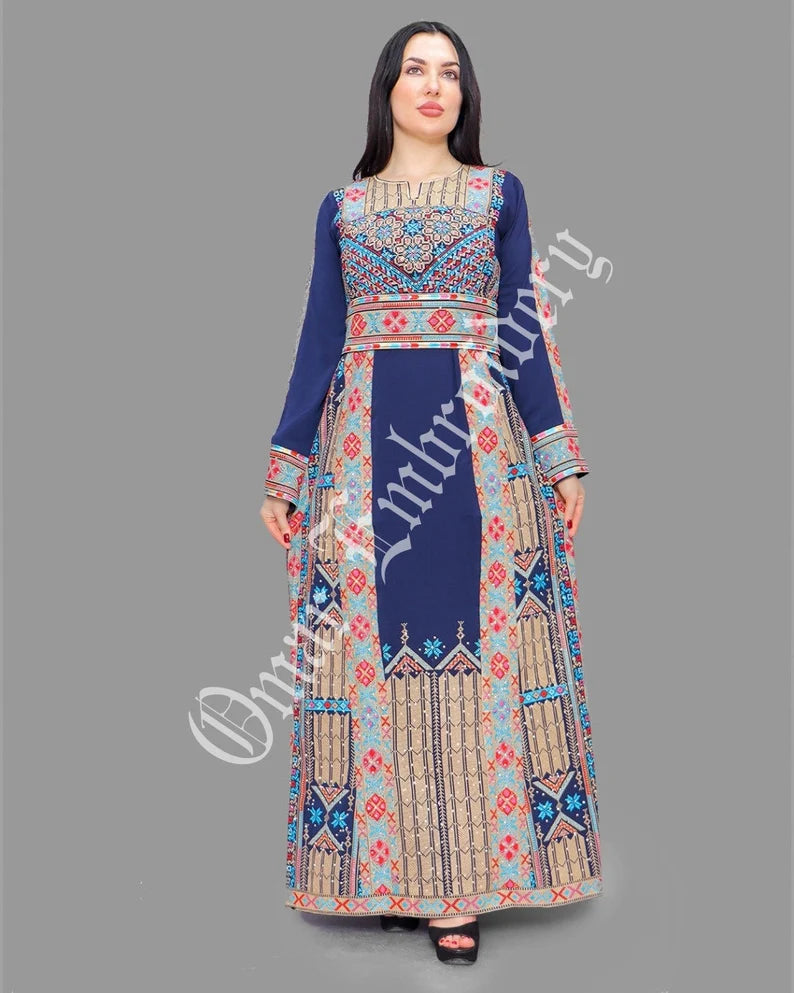 Thobe Embroidered Palestinian Maxi Dress Long Sleeves Red Stitches